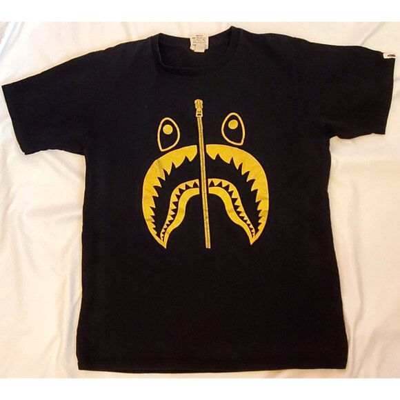 A BATHING APE BAPE Black T-SHIRT gold glitter zipper shark face Size adult XL - Picture 1 of 12